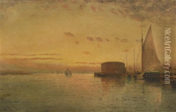 Ferry Arriving, Castle Clinton, New York Harbor Oil Painting - Elisha Taylor Baker
