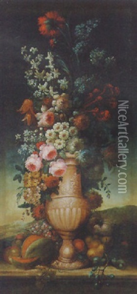 Flowers In A Sculpted Urn With Fruit On A Ledge In A Landscape Oil Painting - Jan-Baptiste Bosschaert