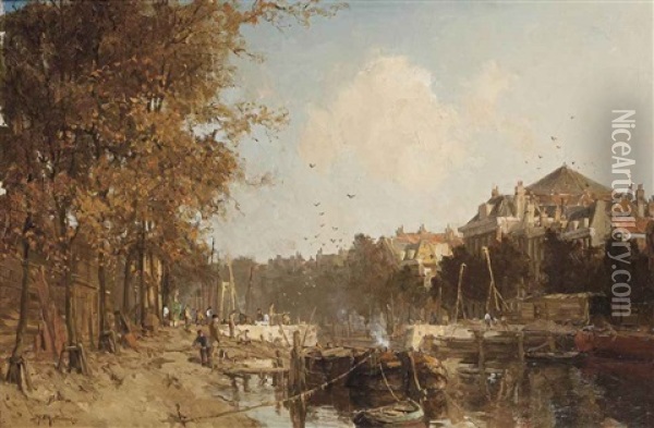 The Wijnhaven And The Construction Of The Regentessebrug In 1899, Rotterdam Oil Painting - Johan Hendrik van Mastenbroek