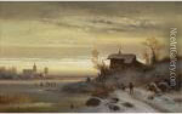 Figures In A Winter Landscape Oil Painting - Anton Doll