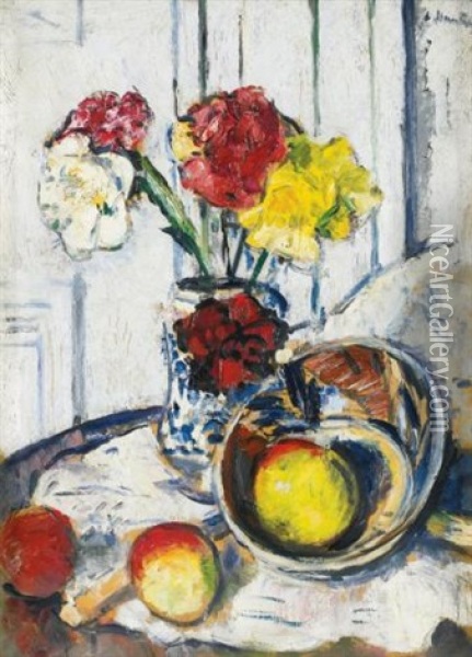 Still Life Of Apples And Flowers In A Blue Vase Oil Painting - George Leslie Hunter