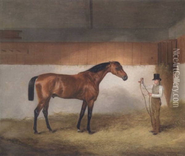 Horse And Groom In A Stable Oil Painting - Edmund Bristow