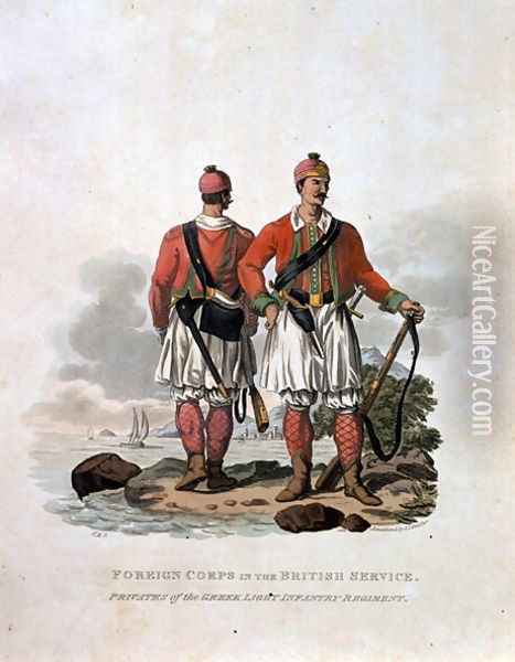 Foreign Corps in the British Service, Privates of the Greek Light Infantry Regiment, from Costumes of the Army of the British Empire, according to the last regulations 1812, engraved by J.C. Stadler, published by Colnaghi and Co. 1812-15 Oil Painting - Charles Hamilton Smith