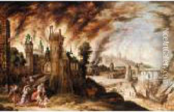 Aeneas Escaping The Siege Of Troy Oil Painting - Daniel van Heil