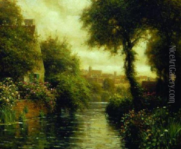 Cottage Along A Canal With Village In The Distance Oil Painting - Louis Aston Knight