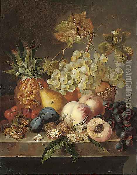 Grapes, peaches, cherries, walnuts, hazelnuts, a pear and a pineapple on a ledge Oil Painting - Edward Ladell