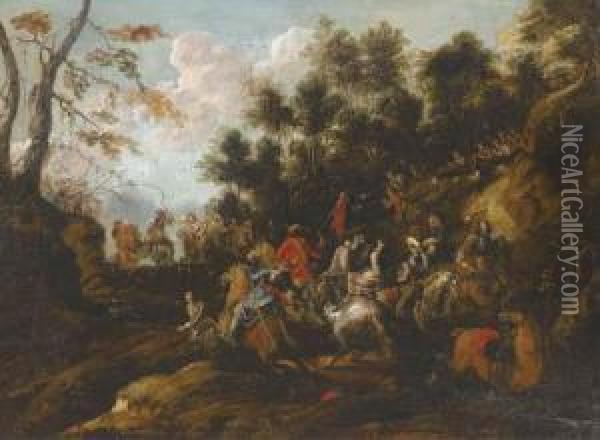 A Military Skirmish In A Wooded Pass Oil Painting - Joachim Faber