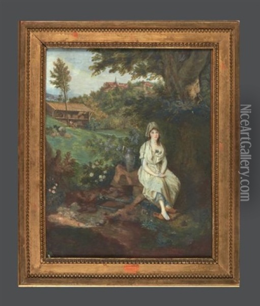 Jeune Femme A La Fontaine, Assise, Dans Un Paysage, Une Bergerie Et Un Village En Perspective Oil Painting - Jean Antoine Laurent