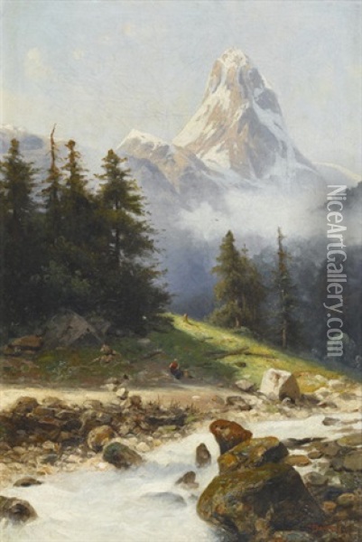 Bachpartie Mit Bauerin Vor Steilem Berg Oil Painting - Franz (August Waidhofer) Demel