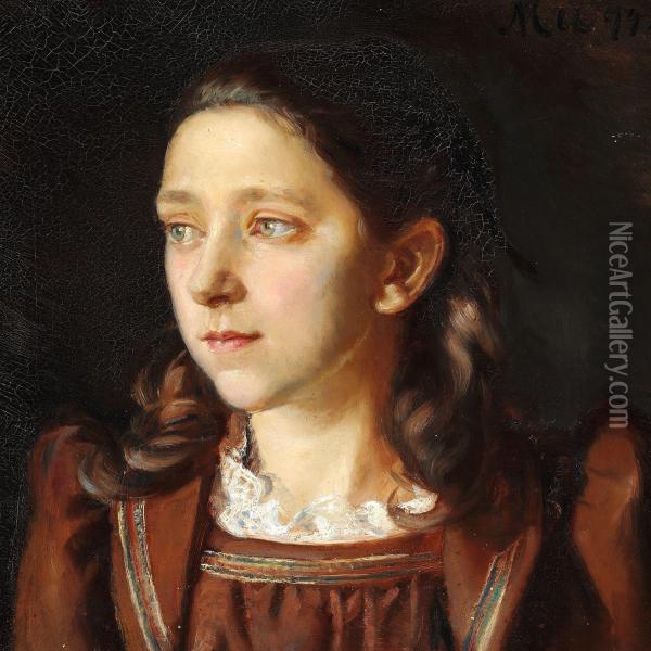 Portrait Of Ida Holst With Curly Brown Hair In A Brown Dress Oil Painting - Michael Ancher