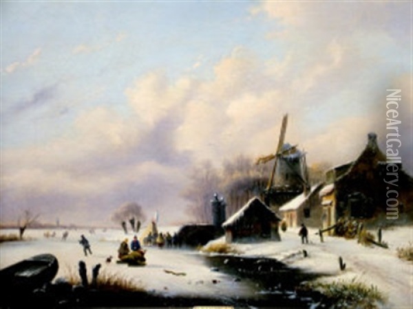 Skaters On A Frozen River In A Wintry Village Landscape Oil Painting - Alexis de Leeuw