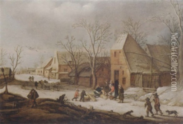 A Winter Landscape With Faggot Gatherers In A Village Street Oil Painting - Frans de Momper