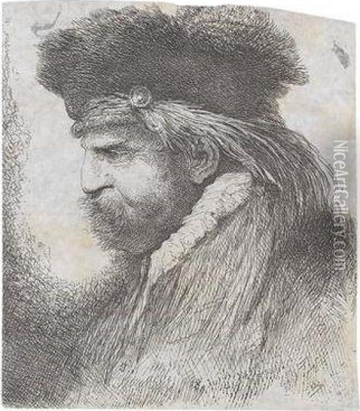 Portrat Eines Bartigen Mannes Mit Pelzmutze Im Profil Nach Links Oil Painting - Giovanni Benedetto Castiglione