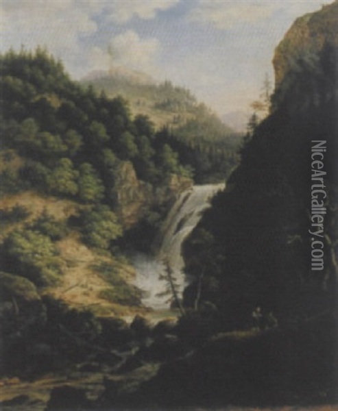 Gebirgslandschaft Mit Wildbach Und Jagern Oil Painting - Johann Jakob Dorner the Younger
