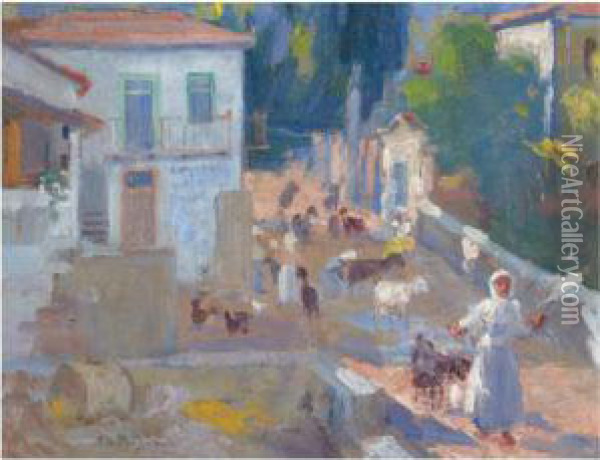 A Sunny Village Road Oil Painting - Georgios Roilos