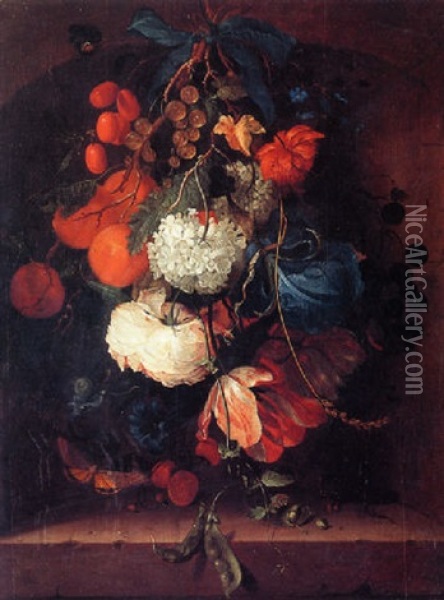 A Bunch Of Flowers Including Tulips, A Rose, And An Iris With Peaches, Gooseberries, Pea Pods And Other Fruit Oil Painting - Rachel Ruysch