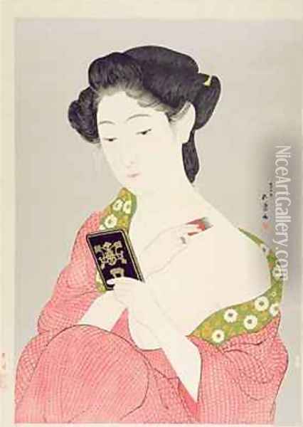 A Woman in Nagajuban Powdering her Neck Oil Painting - Goyo Hashiguchi