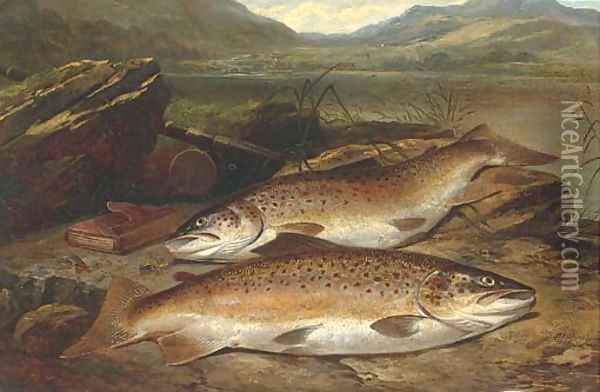 Brown trout on a river bank Oil Painting - Henry Leonidas Rolfe