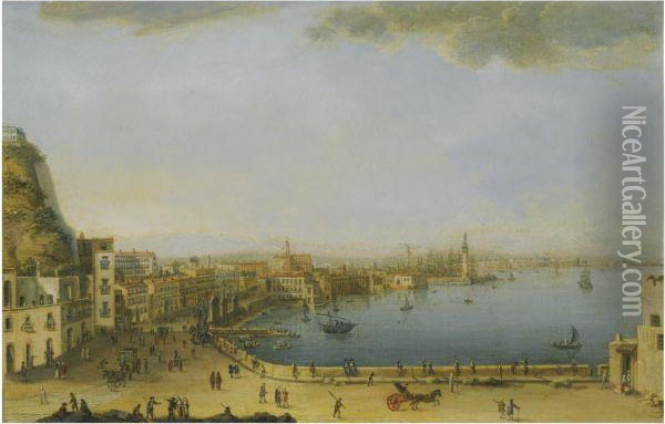 Naples, A View Of The Strada Di Santa Lucia From Pizzofalcone Tothe Ponte Della Maddalena Oil Painting - Pietro Antoniani