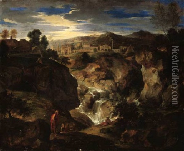 A Rocky Landscape With Figures By A Waterfall And A Town Beyond Oil Painting - Gaspard Dughet