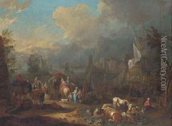 An Italianate harbour with peasants and elegant figures by a frigate Oil Painting - Peter Tillemans