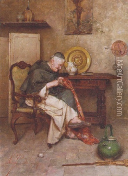 Mending The Cloth Oil Painting - Giuseppe Bortignoni the Elder