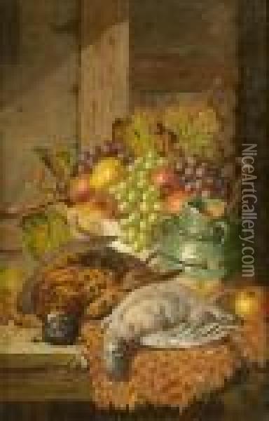 Still Lifes Of Fruit And Stein On A Stone Cill; Fruit And Game On Atable Top A Pair Oil Painting - Charles Thomas Bale