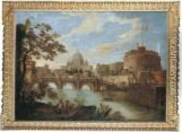 The Tiber, Rome, Looking 
Downstream With The Castel And Ponte Sant'angelo, Saint Peter's And The 
Vatican, Santo Spirito In Sassia And The Janiculum Beyond, A Group Of 
Four Soldiers In The Foreground Oil Painting - Antonio Joli