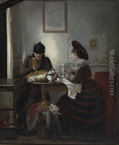 Couple At Teatime With Sleeping Cat Oil Painting - Louis Dupre
