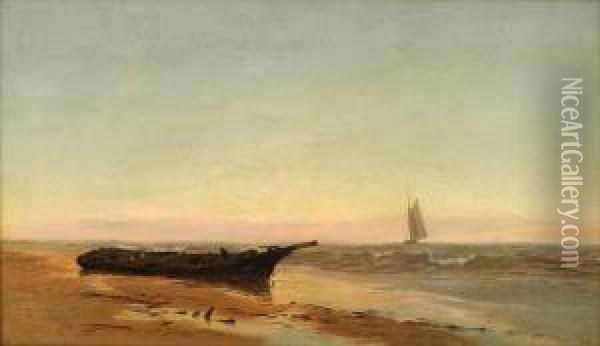 Shipwreck On The Beach At Sunrise Oil Painting - Warren W. Sheppard