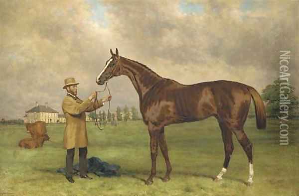 Prince Charlie, held by his jockey, John Osborne, before Bedford Lodge, Newmarket Oil Painting - Harry Hall
