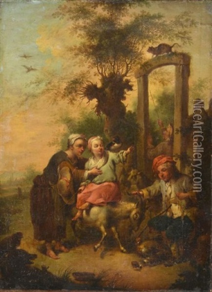 Paysans Et Enfants Avec Une Chevre Devant Des Ruines Oil Painting - Johann Conrad Seekatz