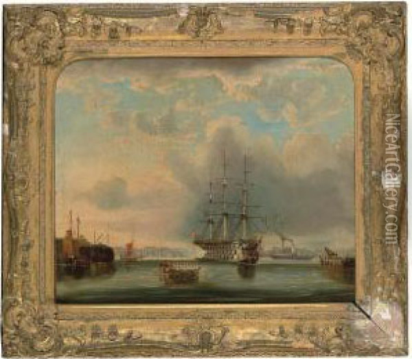 A British Gunboat Firing In Port Oil Painting - Edward Calvert