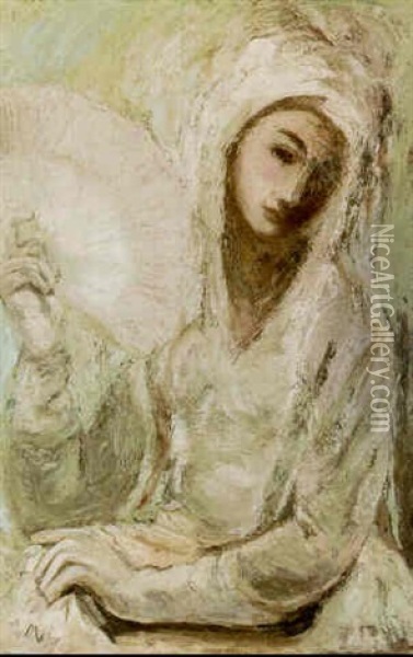 Dama Con Abanico Oil Painting - Fidelio Ponce De Leon