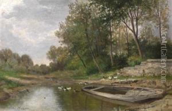 Landscape Withducks On A Pond Oil Painting - Jules Rozier