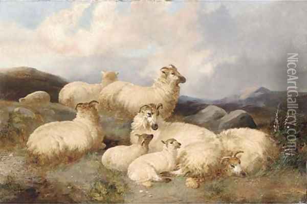 Sheep in a moorland landscape Oil Painting - James Charles Morris