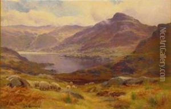 Mountain Lake With Grazing Sheep Oil Painting - James Henry Crossland