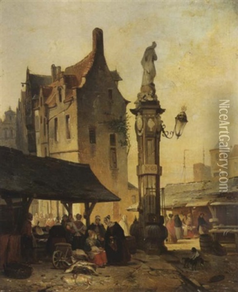 A Busy Market Oil Painting - Jean (Jan) Michael Ruyten
