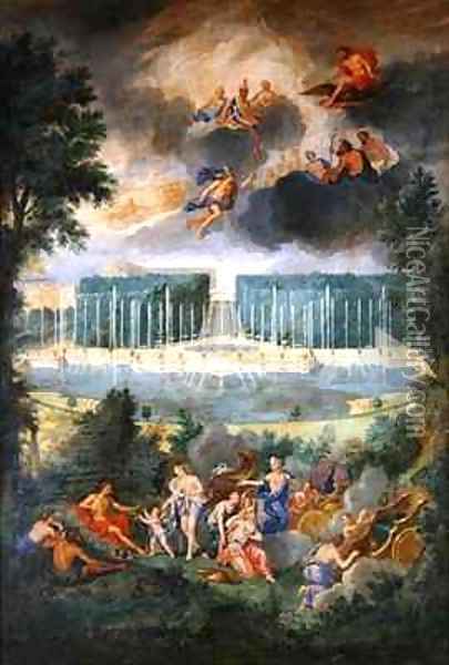The Groves of Versailles View of the pool of Neptune and walkway with the Judgement of Paris Oil Painting - Jean II Cotelle