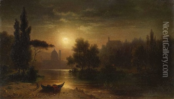 Flussufer Im Mondschein Oil Painting - Karl Heilmayer