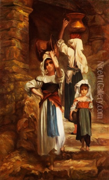 Zwei Junge Italienische Frauen Mit Kupfergefasen Beim Wasserholen In Begleitung Eines Kleinen Madchens Oil Painting - Luigi Scorrano
