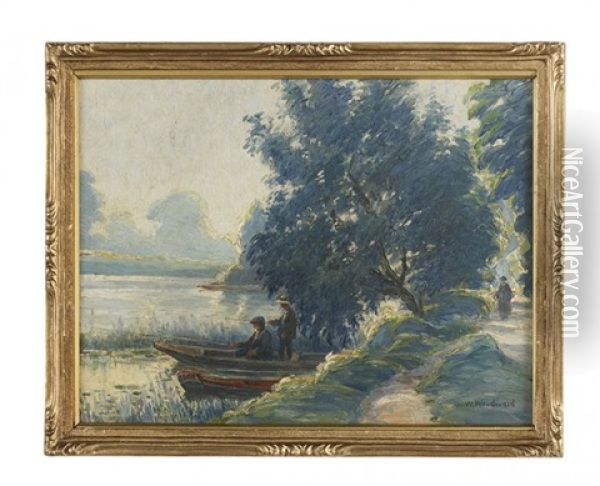 Spring Afternoon - Pirogue On The Lake Oil Painting - William Woodward