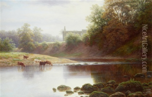 Bolton Abbey From The Wharfe, Yorkshire Oil Painting - William Mellor