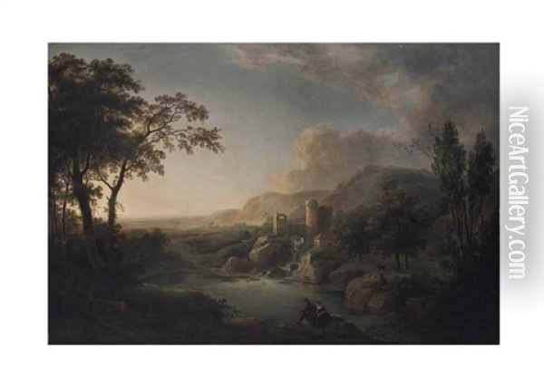 A Mountainous Landscape With Figures Fishing By A Lake, A Ruined Castle And A Waterfall Beyond Oil Painting - Abraham Pether