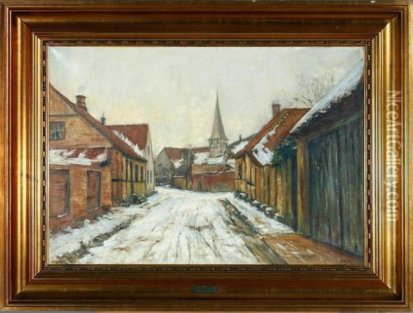 A Danish Street Scenery, Winter Oil Painting - Ole Wolhardt Stampe Due