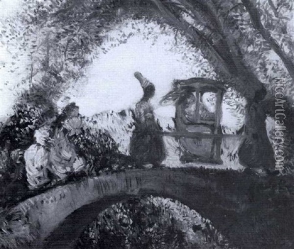 Oriental Figures On A Bridge Carrying A Sedan-chair Oil Painting - Gaston La Touche