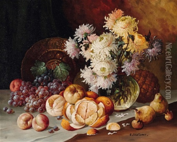 Stillleben Mit Fruchten, Blumen Und Teller Oil Painting - Rudolf Stoitzner