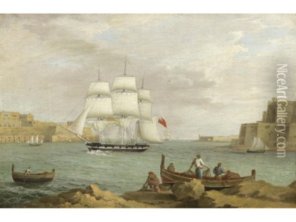 An Eastindiaman Entering The Harbour At Valetta, Malta Oil Painting - Anton Schranz the Younger