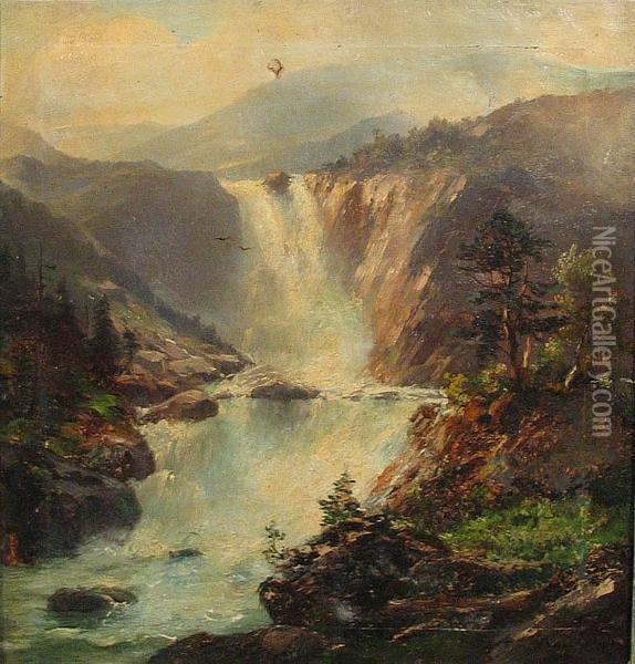 A Mountainous Landscape With A Waterfall Oil Painting - Karl Friedrich Schulz