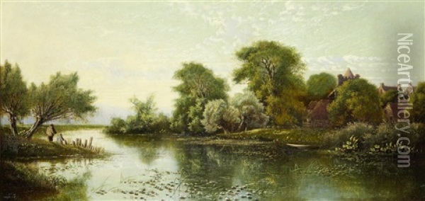 Eynesbury Church On The River Ouse Oil Painting - Edwin Henry Boddington